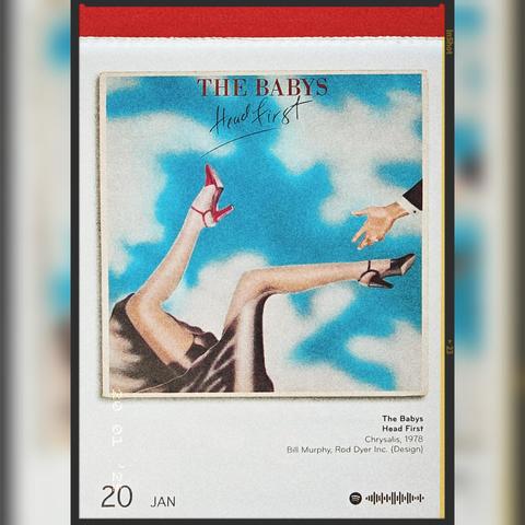 Abreißtageskalender mit dem Kalenderblatt des Vinyl-Covers der LP "Head First" (1978) von The Babys.

Zeichnung einer offenbar stürzenden Frau, deren blanke Beine und schwarzen Rock nur sichtbar sind. Eine Männerhand mit Jacketärmel reicht von rechts in das Bild hinein. Die beiden Schuhe der Frau haben hohe Absätze und sind unterschiedlich gefärbt: rot und schwarz.
Der Hintergrund ist ein hellblauer Himmel mit weißen Wolken.