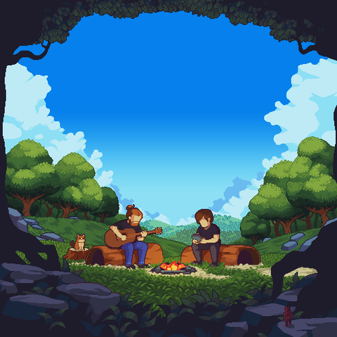 The cover image of pornophonique’s album "Lagerfeuerlieder Vol. I". Two guys, one is playing guitar, the other one holding a gameboy, sitting around a campfire in a clearing in the woods under a bright blue sky accompanied by a cat on the left. A little red robot is watching the scene from the shadows on the right.