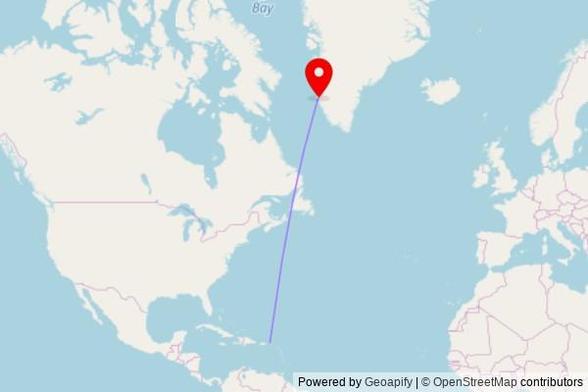 A map showing the great circle route from Road Town in the Virgin Islands, British to a map pin at Church of Our Saviour, Rasmus Berthelsenip Aqqutaa 2, 3900 Nuuk, Greenland