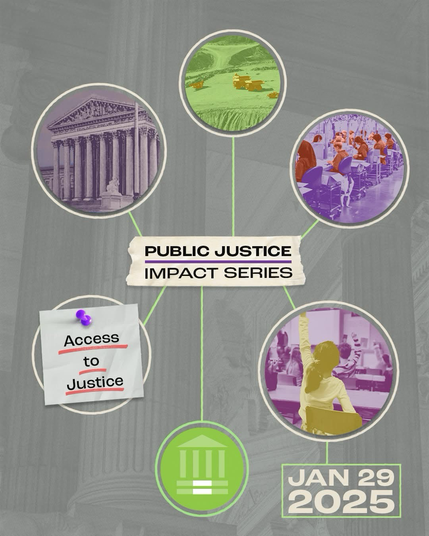 A diagram with “Public Justice: Impact Series” in the center, and six bubbles surround it, one says “Access to Justice,” and the others are photos of a courthouse, workers, students, construction trucks, and the Public Justice logo