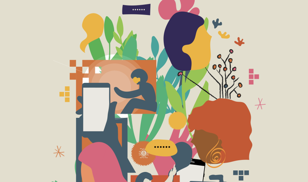 Conceptual illustration with abstract elements representing themes such as technology, nature, and communication. The source webpage is associated with APC.org and discusses "Gender approaches to cybersecurity." 