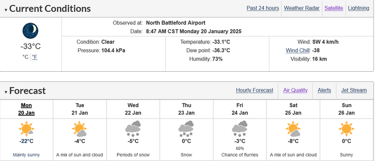 Forecast for North Battleford, Saskatchewan for 20 Jan 2025 at minus 33. Including a 7-day forecast.
