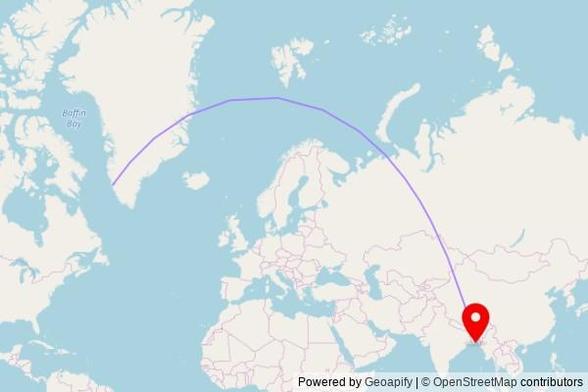 A map showing the great circle route from Nuuk in Greenland to a map pin at Baitul Halim Jame Masjid, Mantur Bari Theke Dakkhin Char-Shahajalal Kheyaghat Porjanta Katcha Rasta, -, Bangladesh