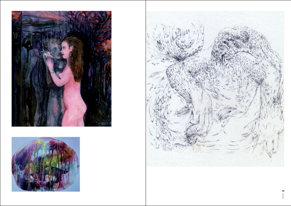 Monstres et enfance, double page intérieures. Peintures de Sandra Martagex et Clo Santelli, dessin de Bibi
