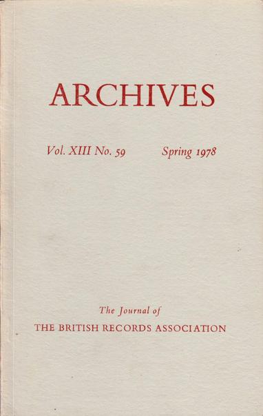 The front cover of Archives: The Journal of the British Records Association No 59 for Spring 1978. Plain pale grey with title in blood red.