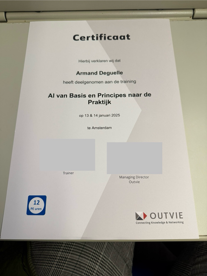 Certificaat van deelname aan de training Ai van Basis en Principes naar de praktijk