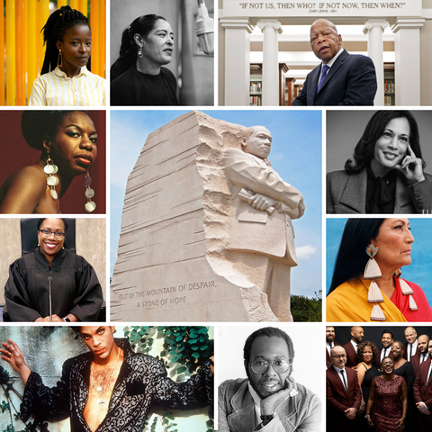 a photo montage - MLK sculpture, Nina Simone, Justice Ketanji Brown Jackson, Curtis Mayfield, Prince, Congressman John Lewis, Poet Amanda Gorman, Deb Haalland, Sharon Jones & the Dap-Kings, and Kamala Harris