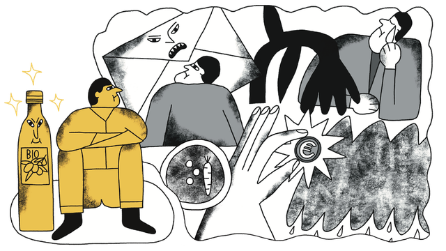 Grafik zum Artikel: Hartz-IV und das Olivenöl: Sorry. Ich hab euch verraten.
Bildtitel:  Ich bin zum Verräter meiner Herkunft geworden. 
Illustration: Robert Müller
