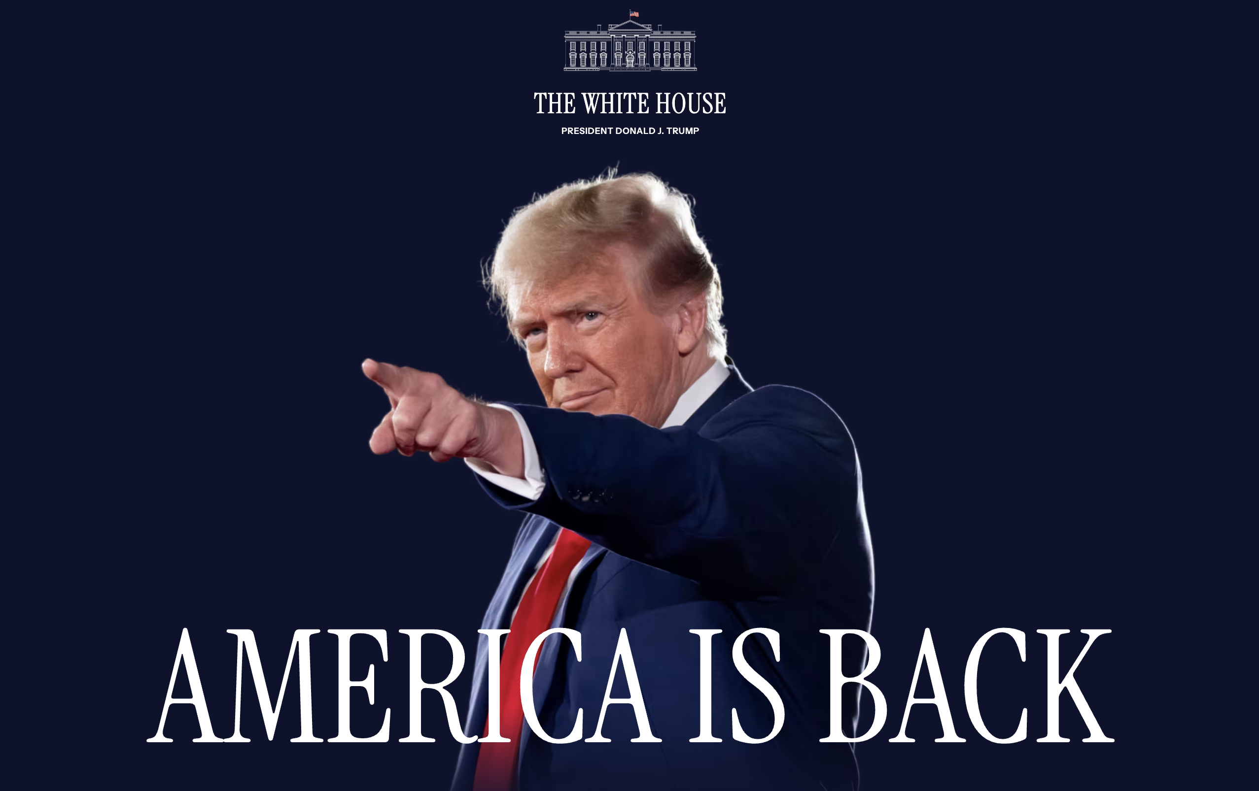 ホワイトハウスTOPページのヒーローイメージに指を刺しているドナルド・トランプ新大統領の写真と「AMERICA IS BACK」という文字が書かれている。