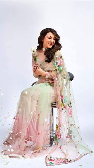 Hansika Motwani's latest look in a pastel floral net saree is a fashion statement you can’t ignore. The delicate floral detailing perfectly captures the essence of spring, while the net fabric adds a touch of modern elegance. This look is all about celebrating femininity with grace and poise.