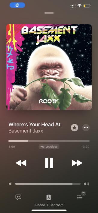 The image displays the album cover for "Where's Your Head At" by Basement Jaxx, featuring a stylized illustration of a white gorilla holding a leafy branch against a dark, starry background. The album title and artist name are prominently featured. 