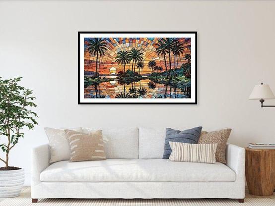 A vibrant tropical scene with palm trees silhouetted against a warm stained glass sunset sky, reflected beautifully in the calm water of the lake below. I used a stained glass style, creating a mosaic effect that adds to the visual appeal of the setting sun over the peaceful lake and whole landscape. Many beautiful warm colors to be seen in this image against the silhouette.
This image can be found in several of my albums... Kaye Menner Digital Art, Kaye Menner Sunsets and more.