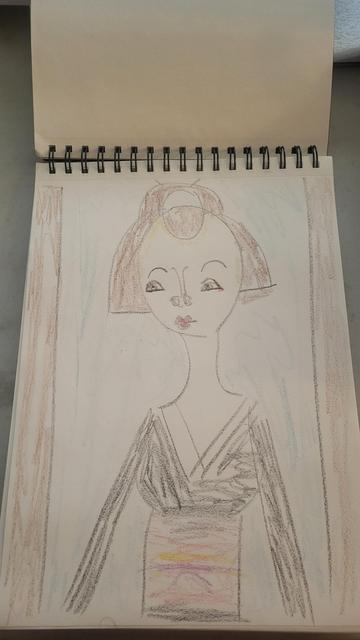 Crayon drawing of a brunette Japanese geisha/geiko