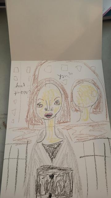 Crayon drawing of Ally McBeal hallucinating the dancing baby running out of her office