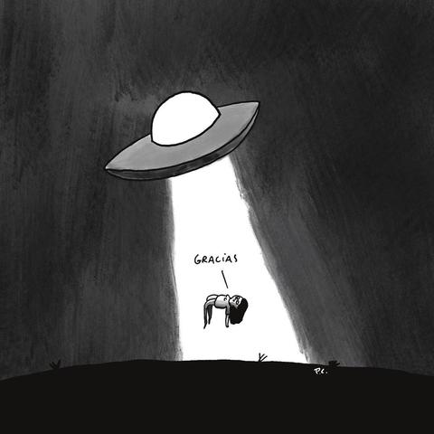 Viñeta de Pato Conde en la que una chica dice “Gracias” mientras es abducida por una nave extraterestre