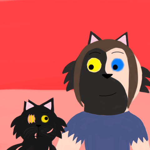 Drawing of Alice looking at Cinder while having a neutral expression and Cinder looks at Alice with a smile