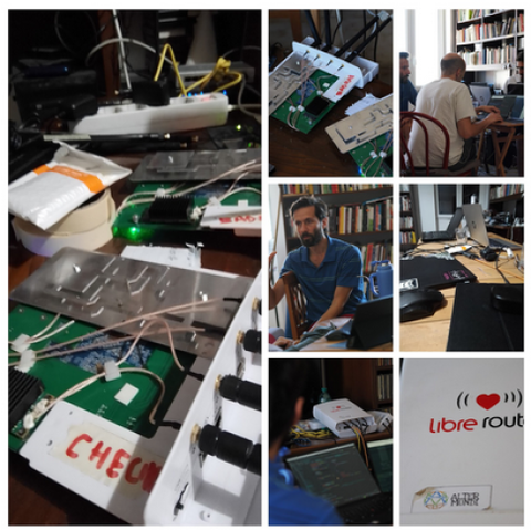 Collage of photos showcasing a workshop setting with people working on open hardware projects related to mesh networking. Images include close-ups of circuit boards, equipment labeled "CHECUM," and Wi-Fi routers being assembled or tested. Participants are seen collaborating in a library-like space filled with books and laptops. The "Libre Router" logo and a sticker with the AlterMundi logo are also visible, emphasizing community-driven internet infrastructure projects.