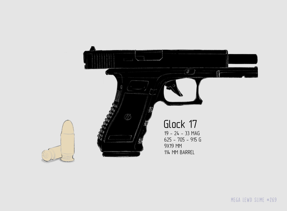 A drawing of a Glock 17 and a couple of bullets lying next to it. The Glock 17 is super reliable and has a sleek, functional design that’s hard to beat. It’s lightweight, easy to handle, and just overall a solid choice.

Here are some specs for it:

    Caliber: 9x19mm Parabellum
    Weight: 915 g (fully loaded)
    Barrel Length: 114 mm (4.48 inches)
    Magazine Capacity: 17 rounds (standard)
    Mechanism: Short recoil-operated, locked breech

The bullets next to it are standard 9x19mm rounds, with brass casings and copper-jacketed tips, drawn to match the Glock’s vibe.