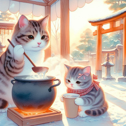 冬の神社境内で、縞猫が甘酒を振る舞い、リボンをつけた子猫が幸せそうに飲んでいる。柔らかな光が差し込み、立ち上る湯気。