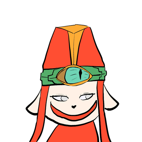 A poorly drawn humanoid alien with cat-like features, with an unsettlingly large smile looking to the right of the screen.