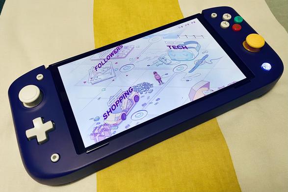 Melatonin game displayed on the Nintendo Switch OLED installed inside a GameCube-coloured Nitro Deck.