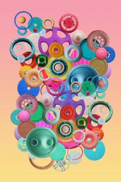 Colorful aluminum print,  digital collage made with photo cutouts of round plastic waste elements found on the beach.