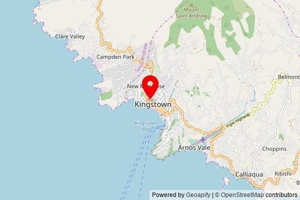 A partially zoomed out map with a pin at the position of Assumption Cathedral, North River Road, Kingstown, Saint Vincent and the Grenadines