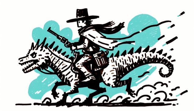 A cowboy atop his lizard steed