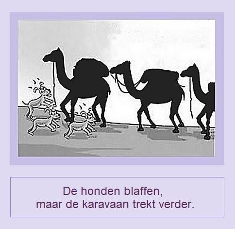 🐕 De honden blaffen, (maar) de karavaan trekt verder.
🐕🐕 Betekenis : Ondanks alle kritiek blijft de koers ongewijzigd. / Ondanks alles gaat het gewoon door.
🐕🐕 Engels; English : The dog barks but the caravan moves on / Let the world say what it will.
🐕🐕 Frans; français : Les chiens aboient, (et) la caravane passe.
🐕🐕 Duits; Deutsch : Die Hunde bellen, die Karawane zieht weiter.
