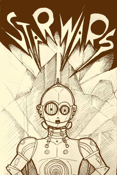 Ilustración hecha con tinta y papel en blanco y negro, con un virado digital a sepia. Se trata de un fanart mezclando dos películas: Metrópolis y La Guerra de las Galaxias. El diseño y composición se inspira en el cartel de Metrópolis, pero cambiando a María por C-3PO, los edificios del fondo por el Halcón Milenario, y en las letras pone Star Wars con el mismo estilo de la tipografía de Metrópolis. 