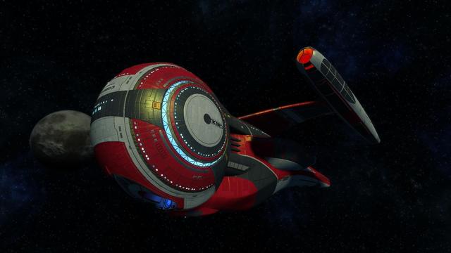 Late 24th Century Star Trek science vessel with 2 nacelles & a vertical wheel shaped forward section. View facing front, portside ventral. 