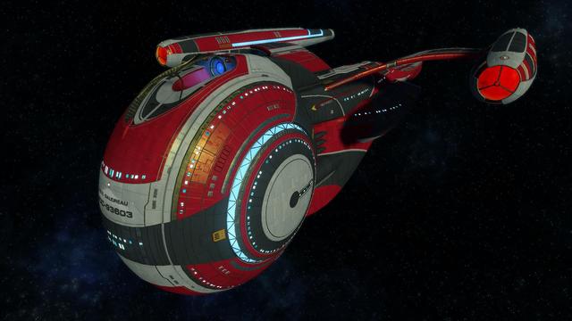 Late 24th Century Star Trek science vessel with 2 nacelles & a vertical wheel shaped forward section. View facing front, portside dorsal. 