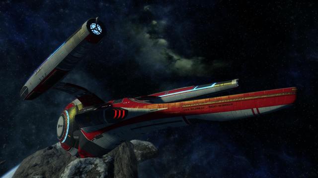 Late 24th Century Star Trek science vessel with 2 nacelles & a vertical wheel shaped forward section. View facing rear, portside ventral. 