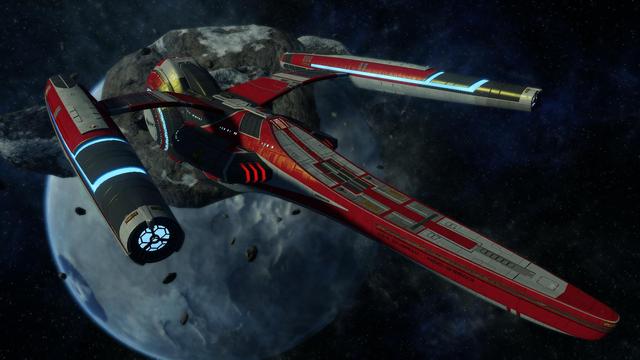 Late 24th Century Star Trek science vessel with 2 nacelles & a vertical wheel shaped forward section. View facing rear, portside dorsal. 