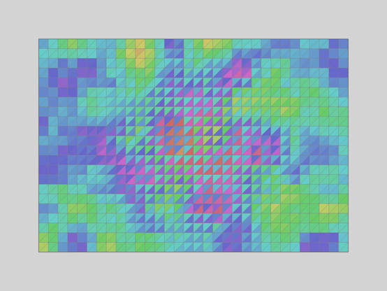 grid of squares divided into triangles with colours that are related - near the centre they oppose, near the edge they are similar