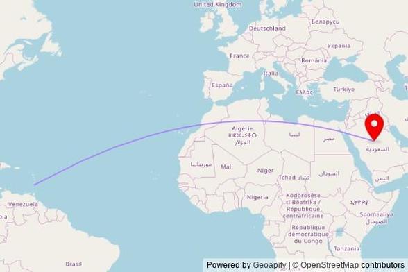A map showing the great circle route from Kingstown in Saint Vincent and The Grenadines to a map pin at مسجد محمد الظاهري, Ring Road, Ar Rass 58893, Saudi Arabia