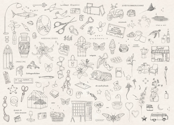 Es sind sehr viele kleine Zeichnungen auf einem hellen Hintergrund zu sehen, die als Tattoo-Motive dienen und tätowiert werden können. Es sind Fische, Bären, Tiger, Blumen, Scheren, Haie, Karabiner, Schmetterling usw. zu sehen.