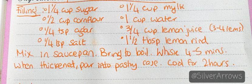 1¼ cup sugar
½ cup cornflour 
¼ tsp agar agar powder 
¼ tsp salt 
1¼ cup mylk
1 cup water
¾ cup lemon juice (3-4 lemons) 
1½ tbsp lemon zest

Mix all in saucepan. Bring to boil. Whisk 4-5 mins. When thickened, pour into pastry case. Leave to cool 2 hours
