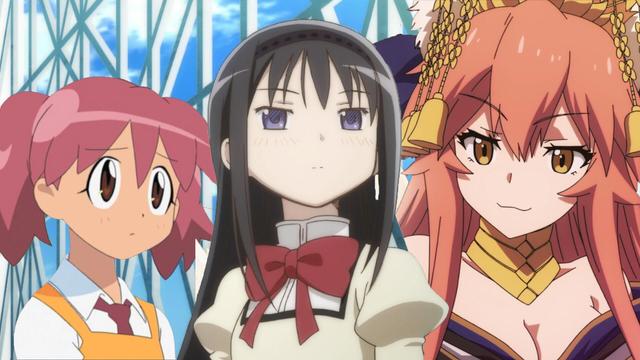 Photoshopped screenshot from Madoka Magica that depicts Akemi Homura standing with Natsumi from Sgt. Frog and Tamamo-No-Mae from the Fate series