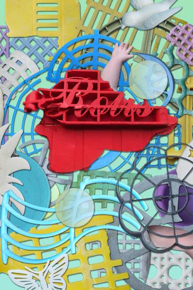 Colorful aluminum print, digital collage made with photo cutouts of plastic trash found on the beach.