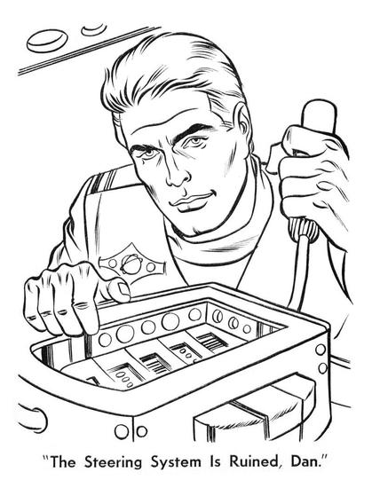 "The steering system is ruined, Dan," declares Captain Steve Burton.

Page from the Land of the Giants coloring book,
Whitman Publishing, 1969.