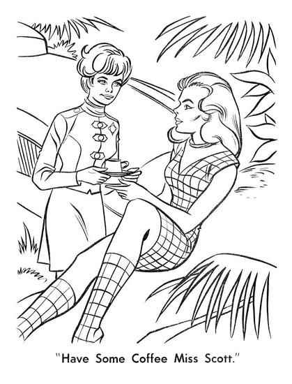 "Have some coffee, Miss Scott." Stewardess Betty Hamilton hands a cup of coffee to Valerie Scott.

Page from the Land of the Giants coloring book,
Whitman Publishing, 1969.