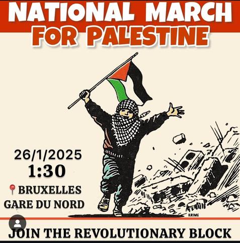 Visuel pour annoncer la marche nationale pour la Palestine à Bruxelles. Rendez-vous Gare du Nord à 13h30 ce dimanche 26 janvier 2025.
On voit le dessin d'un enfant Palestine joyeux dans les décombres de Gaza, brandissant un drapeau Palestine. L'enfant porte un keffieh.