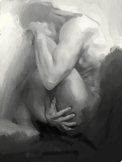 A painting of a man in a hugged pose, wraped around his leg on a sofa