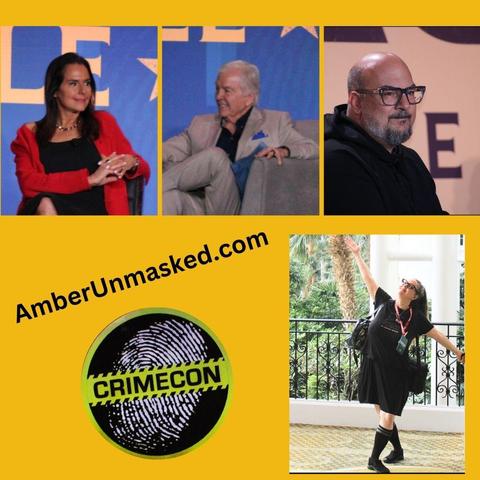 photos across the top: Aphrodite Jones, John Douglas, Anthony Zuiker
AmberUnmasked.com
CrimeCon "fingerprint" in circle logo
photo of Amber with arms wide open standing at the convention 2024