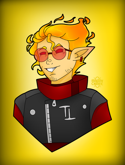 A portrait illustration of Tango from Hermitcraft on a yellow background, with his fire hair and red sunglasses.