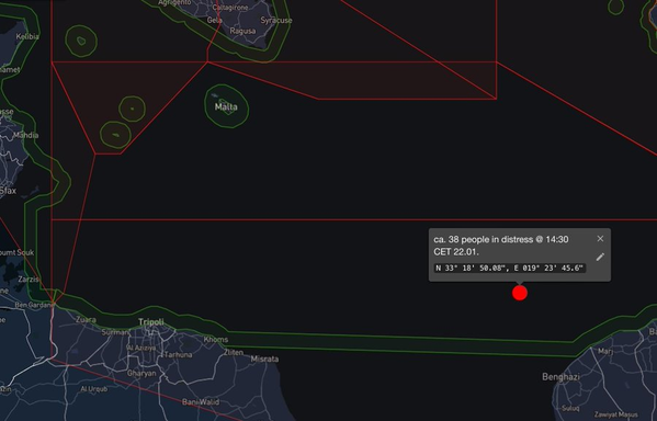 Eine Karte zeigt die Position von:
~38 people in distress
@14:30 CET 22.01.
N 33° 18' 20.00" m E 010° 23' 45.6"
nordwestlich von Bengazi.
