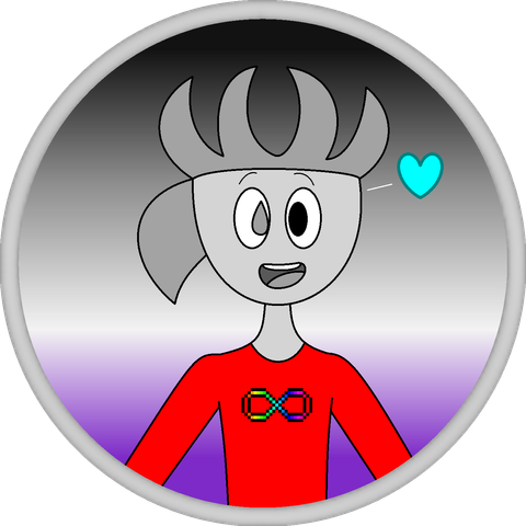 Bust drawing of a happy Mercury wearing a red shirt with a rainbow infinity (Actually Autistic) on it. The bust's background shows the colors of the asexual flag.