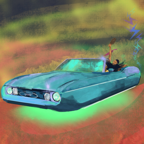 Indigenous femmes cruise along a neon rainbow landscape in a futuristic teal muscle car. One backseat passenger holds a turkey feather fan overhead and another waves a pink kokum scarf in the breeze. The driver is wearing a yellow shirt and white sunglasses. A hologram of Anishinaabe syllabics for the word “debwewin” floats on the car’s grill.
