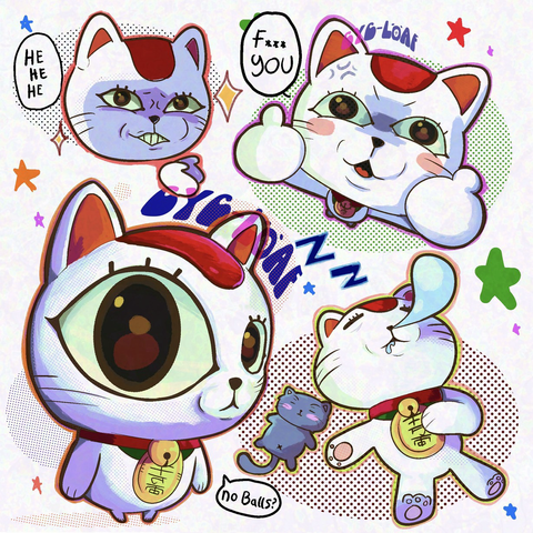 Fan art of Multiple drawings of cute, chaotic, funny turbo granny cat from series dandandan anime with pop art and vibrant colors cartoon artstyle.